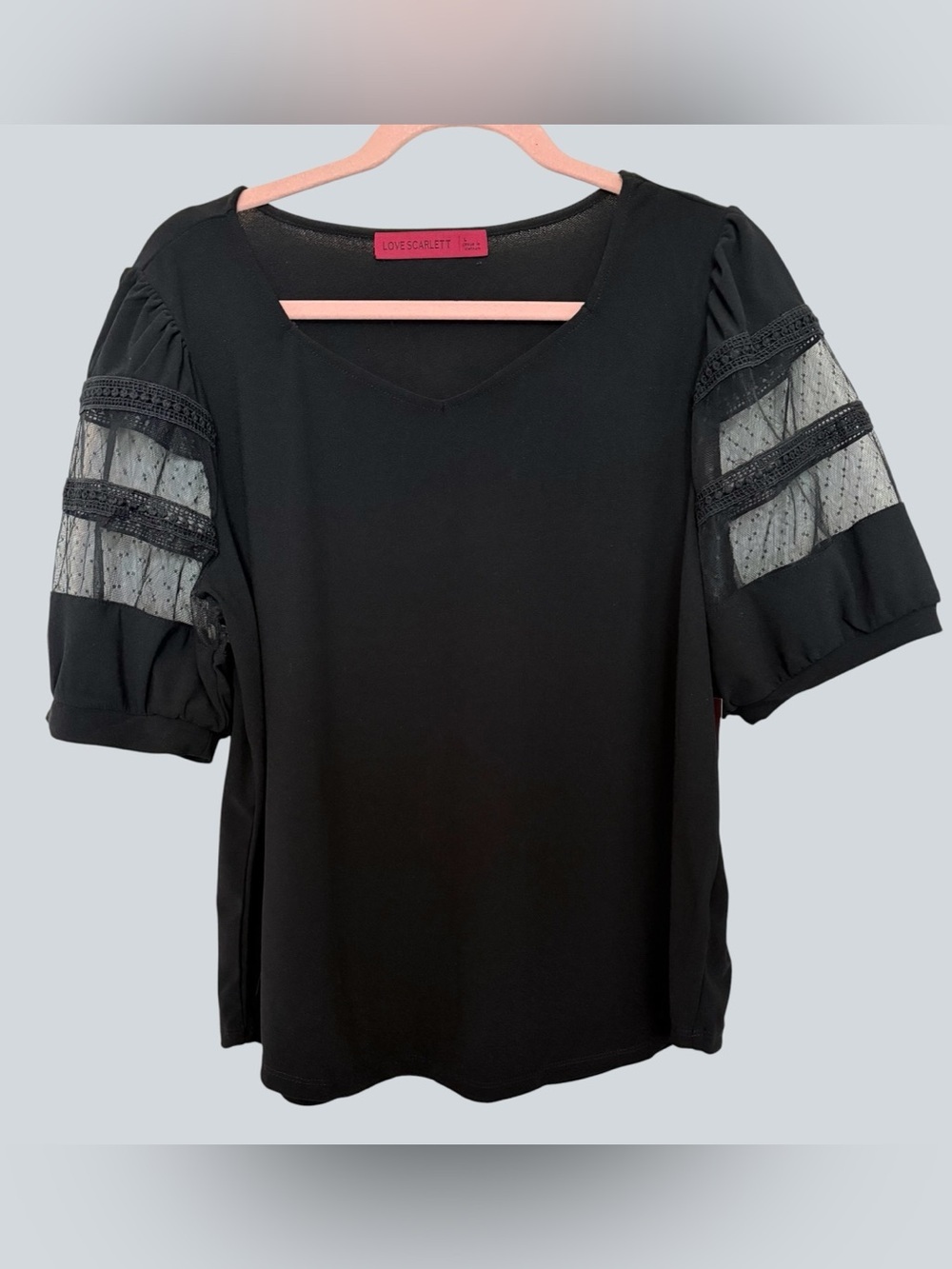 Love Scarlett Black Puff-Sleeve Blouse with Sheer Dotted Panels